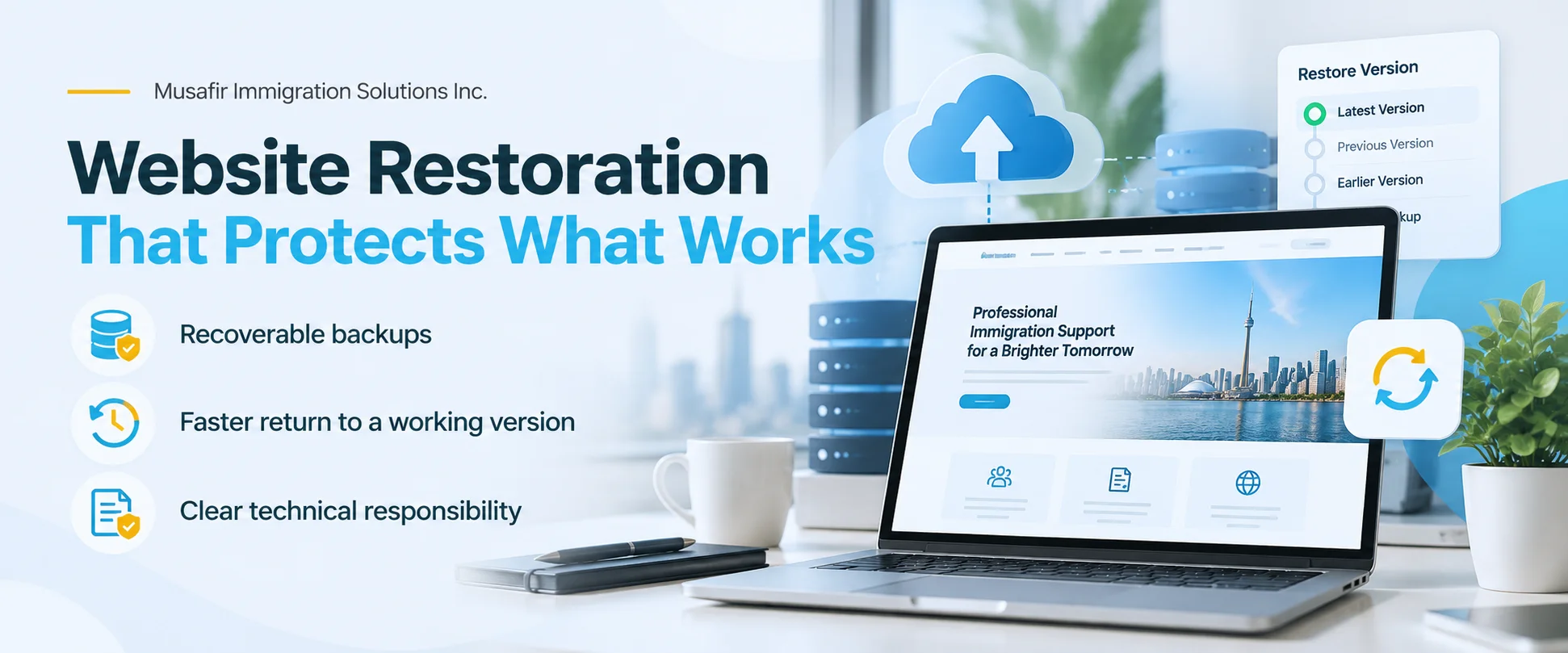 Website Restoration illustration showing recoverable backups, restore versions and technical recovery planning for a professional website.