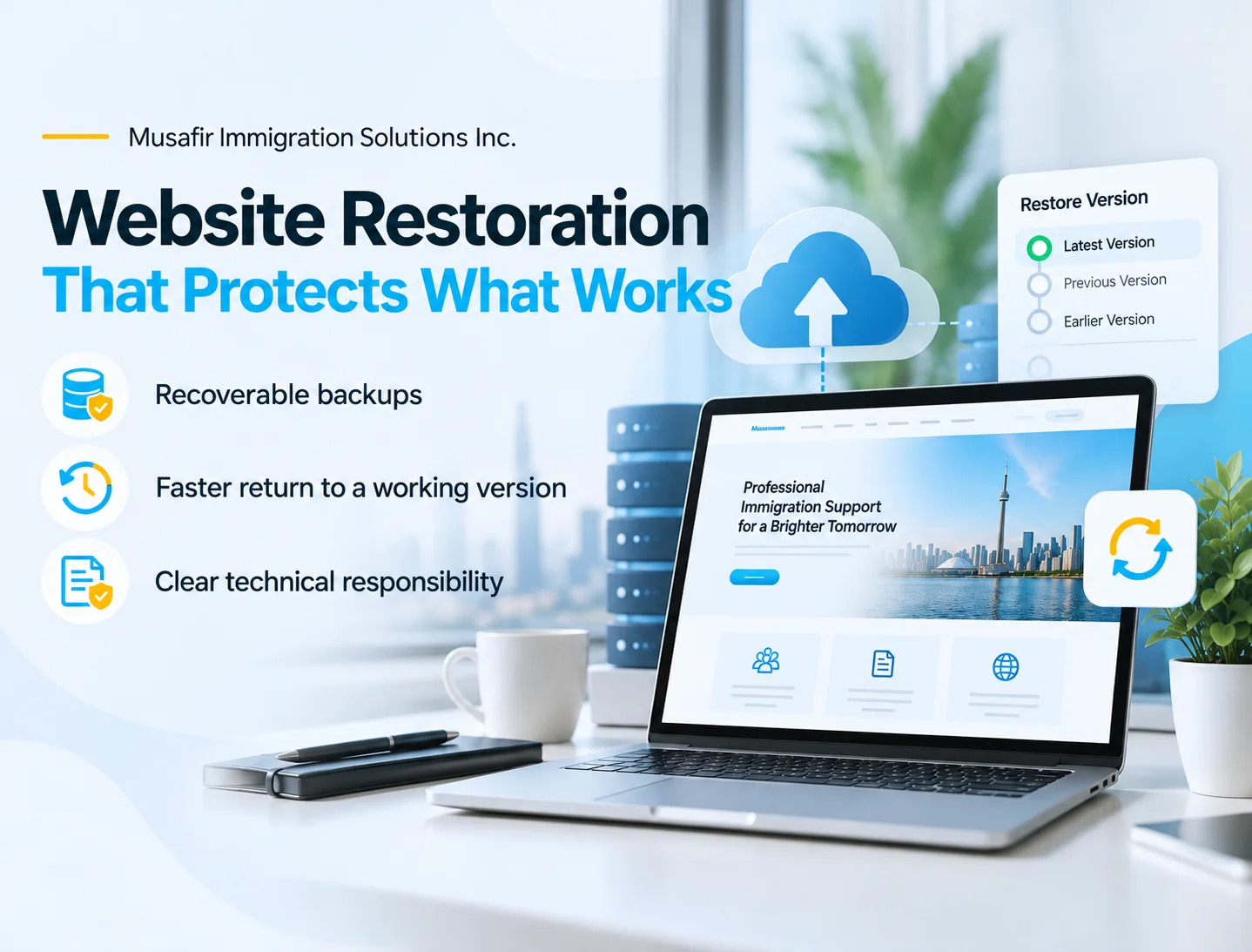 Website Restoration graphic with a laptop, cloud backup, restore-version controls and recoverable website backups.